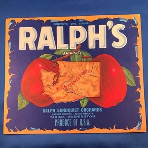 VIntage Ralph’s Brand Apples 1940’s apple crate label. Very good condition.
